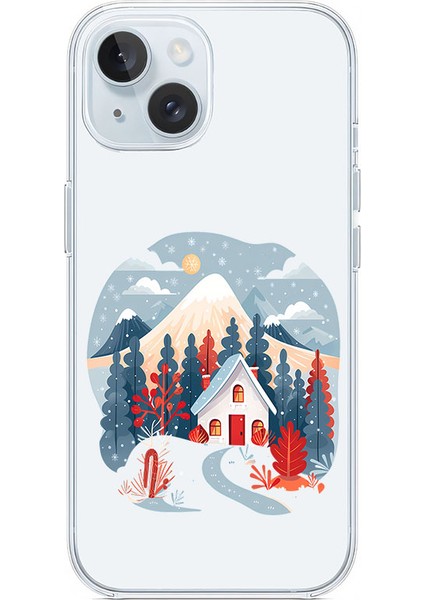 Apple iPhone 15 Uyumlu Kış Evi Desenli Silikon Kılıf