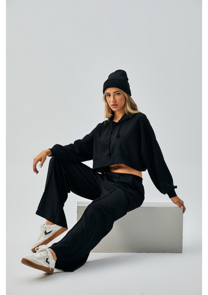 Kadın Siyah Oys Modal Kapüşonlu Sweatshirt ve Beli Lastikli Pantolon Alt/üst Takım 28031