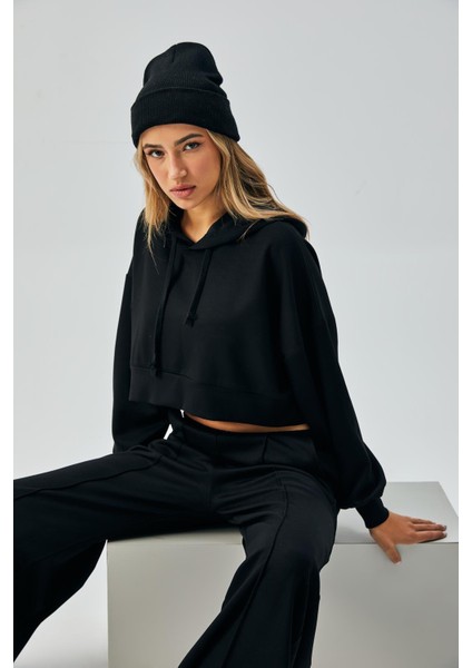 Kadın Siyah Oys Modal Kapüşonlu Sweatshirt ve Beli Lastikli Pantolon Alt/üst Takım 28031