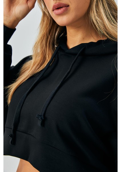Kadın Siyah Oys Modal Kapüşonlu Sweatshirt ve Beli Lastikli Pantolon Alt/üst Takım 28031