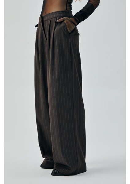 Kadın Kahve Yün Poliviskon Çizgili Palazzo Pantolon 28078