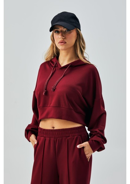 Kadın Bordo Oys Modal Kapüşonlu Sweatshirt ve Beli Lastikli Pantolon Alt/üst Takım 28031 fırsatları