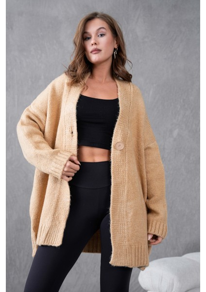 Kadın Vizon Yumoş Düğmeli Oversize Triko Hırka 26017