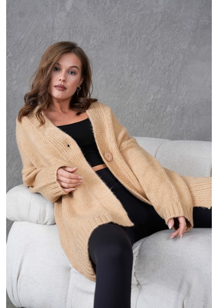 Kadın Vizon Yumoş Düğmeli Oversize Triko Hırka 26017 modelleri