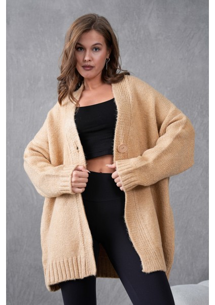 Kadın Vizon Yumoş Düğmeli Oversize Triko Hırka 26017 fırsatları