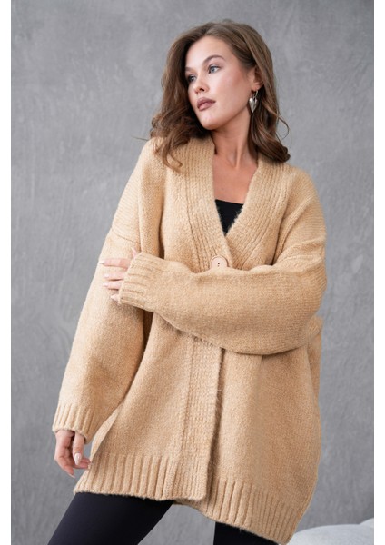 Kadın Vizon Yumoş Düğmeli Oversize Triko Hırka 26017 indirimleri