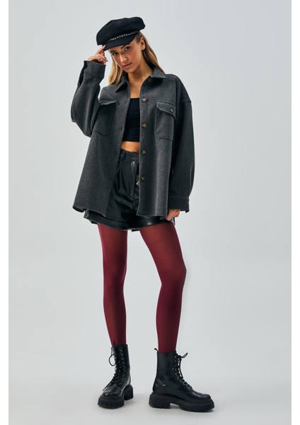 Kadın Antrasit Kaşe Cepli Düğmeli Geniş Kesim Gömlek Ceket 28150 fiyatları