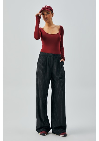 Kadın Siyah Yün Poliviskon Çizgili Palazzo Pantolon 28078 modelleri