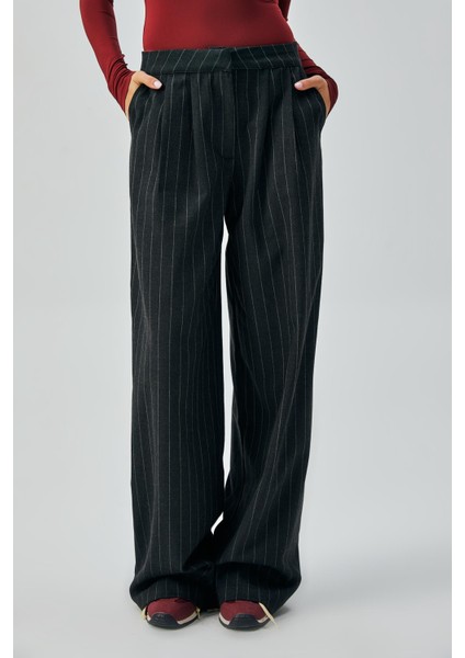 Kadın Siyah Yün Poliviskon Çizgili Palazzo Pantolon 28078 fırsatları
