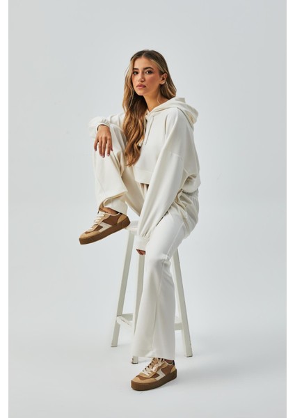 Kadın Ekru Oys Modal Kapüşonlu Sweatshirt ve Beli Lastikli Pantolon Alt/üst Takım 28031