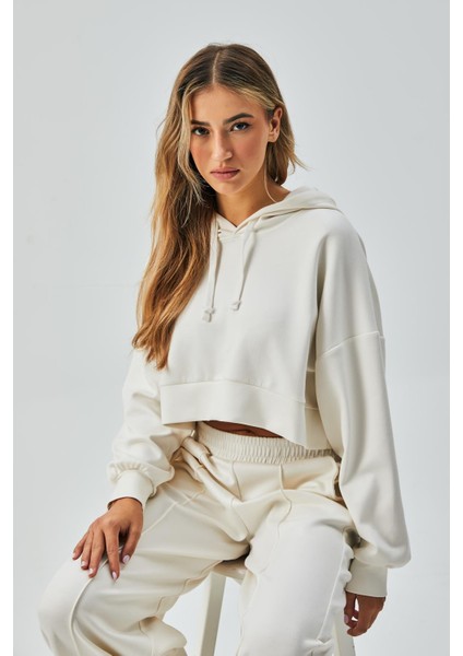 Kadın Ekru Oys Modal Kapüşonlu Sweatshirt ve Beli Lastikli Pantolon Alt/üst Takım 28031 modelleri