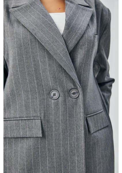 Kadın Gri Yün Poliviskon Çizgili Kruvaze Yaka Düğmeli Blazer Ceket 28076 fiyatları