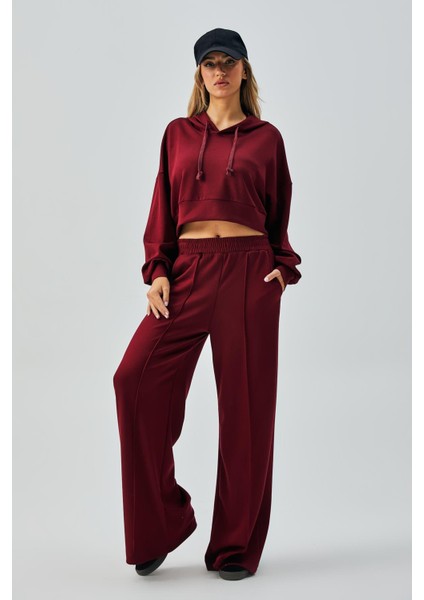 Kadın Bordo Oys Modal Kapüşonlu Sweatshirt ve Beli Lastikli Pantolon Alt/üst Takım 28031 indirimleri