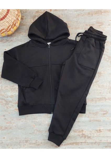 Siyah, Kapüşonlu, Fermuarlı Hırkalı Unisex Eşofman Takımı fiyatları