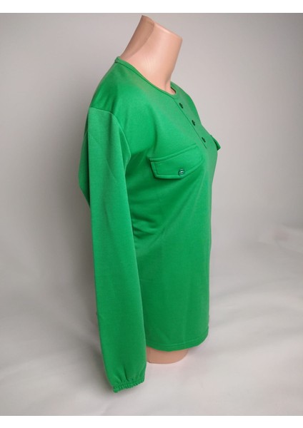 Kadın Yeşil Bisiklet Yaka Patlı Düğmeli Süs Cepli Uzun Kollu Bilek Lastikli Iki Iplik Bluz Tişört fiyatları