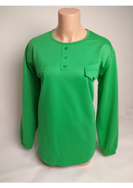 Kadın Yeşil Bisiklet Yaka Patlı Düğmeli Süs Cepli Uzun Kollu Bilek Lastikli Iki Iplik Bluz Tişört