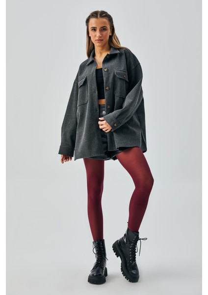 Kadın Antrasit Kaşe Cepli Düğmeli Geniş Kesim Gömlek Ceket 28150 indirimleri