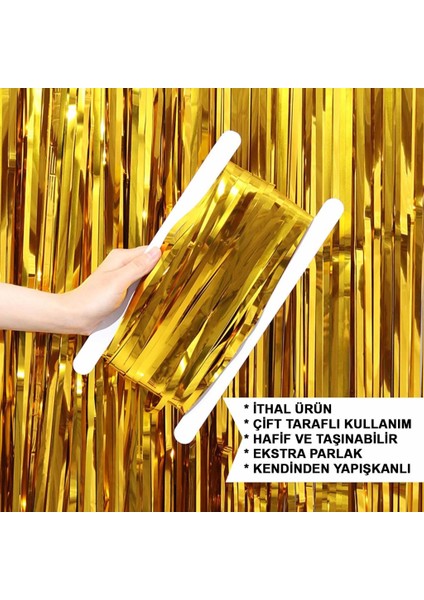 Altın gold renk ekstra metalize parlak saçaklı yılbaşı parti süsü arka fon perde ıthal 1 x 2 metre