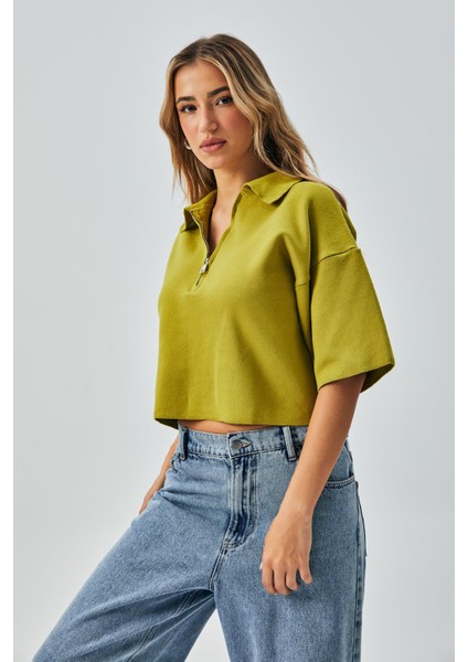 Kadın Yağ Yeşili Fermuar Detaylı Erkek Yaka Triko Kazak 26028