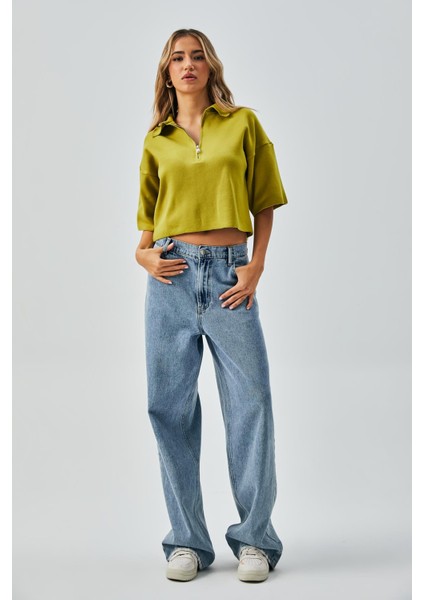 Kadın Yağ Yeşili Fermuar Detaylı Erkek Yaka Triko Kazak 26028 fiyatları