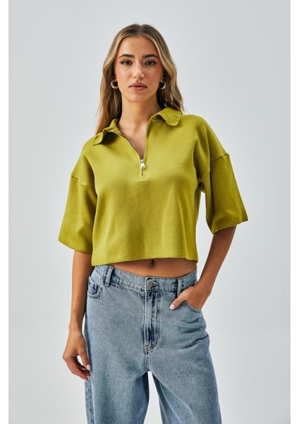 Kadın Yağ Yeşili Fermuar Detaylı Erkek Yaka Triko Kazak 26028 modelleri