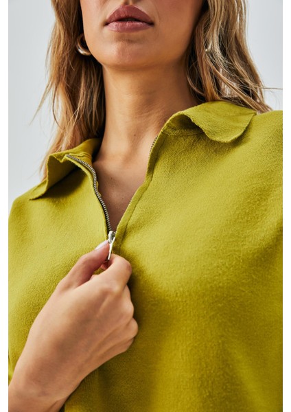 Kadın Yağ Yeşili Fermuar Detaylı Erkek Yaka Triko Kazak 26028 fırsatları