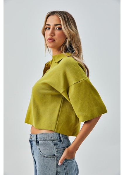 Kadın Yağ Yeşili Fermuar Detaylı Erkek Yaka Triko Kazak 26028 indirimleri