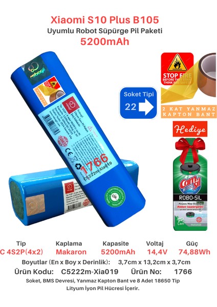 Xiaomi S10 Plus B105 5200mAh Uyumlu Batarya Robot Süpürge Pili C5207m-Xia019