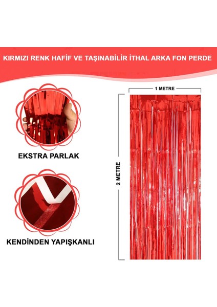 Kırmızı renk ekstra metalize parlak saçaklı yılbaşı parti süsü arka fon perde ıthal 1 x 2 metre