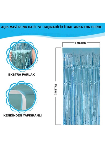 Açık mavi renk ekstra metalize parlak saçaklı yılbaşı parti süsü arka fon perde ıthal 1 x 2 metre