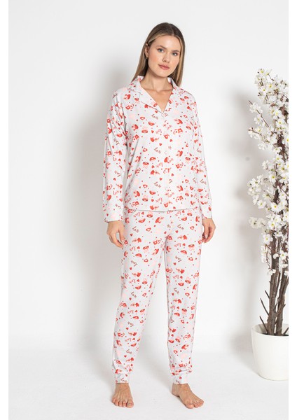 Kadın Termal Önü Düğmeli Pijama Takımı 24495 Ekru