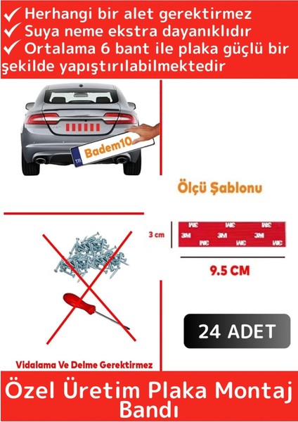 Yağmur Rüzgar Neme Ekstra Güçlü Isıya Dayanıklı 9,5 x 3 cm Çift Taraflı Plaka Bandı 24 Adet