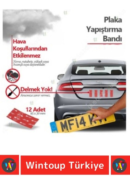 Yağmur Rüzgar Neme Ekstra Güçlü Isıya Dayanıklı 9,5 x 3 cm Çift Taraflı Plaka Bandı 24 Adet