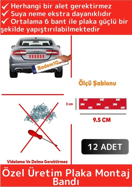 Yağmur Rüzgar Neme Ekstra Güçlü Isıya Dayanıklı 9,5 x 3 cm Çift Taraflı Plaka Bandı 12 Adet