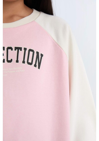 Kız Çocuk Relax Fit Bisiklet Yaka Baskılı Sweatshirt D6642A824AU