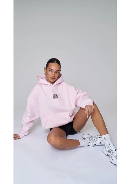 Kapüşonlu Içi Polar Yüksek Baskılı Pembe Oversize Hoodie Sweatshirt