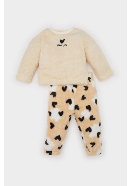 Kız Bebek 2'li Takım Kalp Desenli Pelüş Sweatshirt Beli Lastikli Alt B3133A524WN