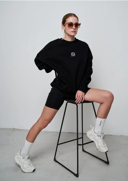 Bisiklet Yaka Içi Polar Yüksek Baskılı Siyah Oversize Sweatshirt