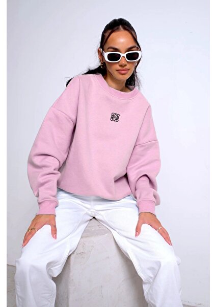 Bisiklet Yaka Içi Polar Yüksek Baskılı Pembe Oversize Sweatshirt