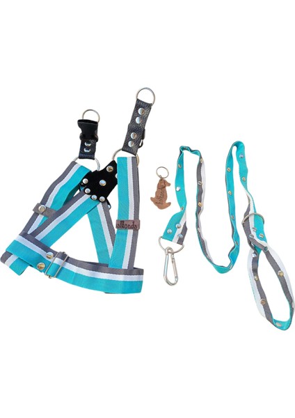 Köpek göğüs tasması gezdirme kayışlı takım turkuaz yumuşak saten kolon genişlik:3cm göğüs ölçüsü:60-80cm ayarlamalı gezdirme kayışı:120cm dog harness TB3-1