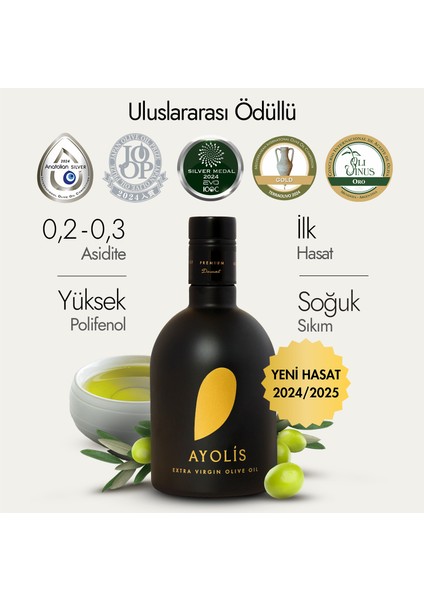 Premium Gurme Domat Zeytinyağı 500 Ml Ödüllü Yüksek Polifenollü Erken Hasat Soğuk Sıkım Natürel Sızma Zeytinyağı