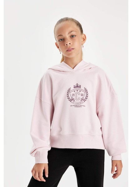 Kız Çocuk Oversize Geniş Kalıp Kapüşonlu İşlemeli Sweatshirt D2885A824WN