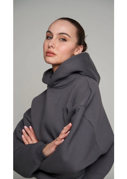 Kapüşonlu Içi Polar Füme Unisex Oversize Hoodie Sweatshirt