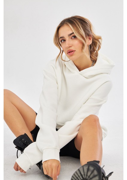 Kapüşonlu Içi Polar Beyaz Oversize Hoodie Sweatshirt