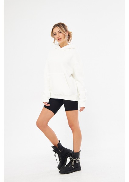 Kapüşonlu Içi Polar Beyaz Oversize Hoodie Sweatshirt