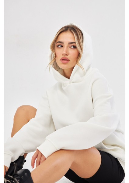 Kapüşonlu Içi Polar Beyaz Oversize Hoodie Sweatshirt