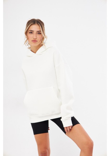 Kapüşonlu Içi Polar Beyaz Oversize Hoodie Sweatshirt