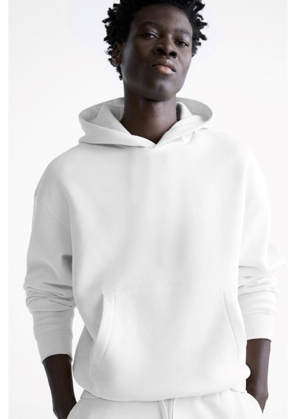 Kapüşonlu Içi Polar Beyaz Oversize Hoodie Sweatshirt