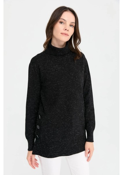 Kadın Tam Balıkçı Yaka Dikişsiz Kazak 23391 Siyah