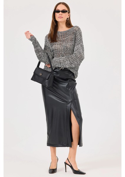 Kadın Yırtmaçlı Suni Deri Etek 0010 Siyah